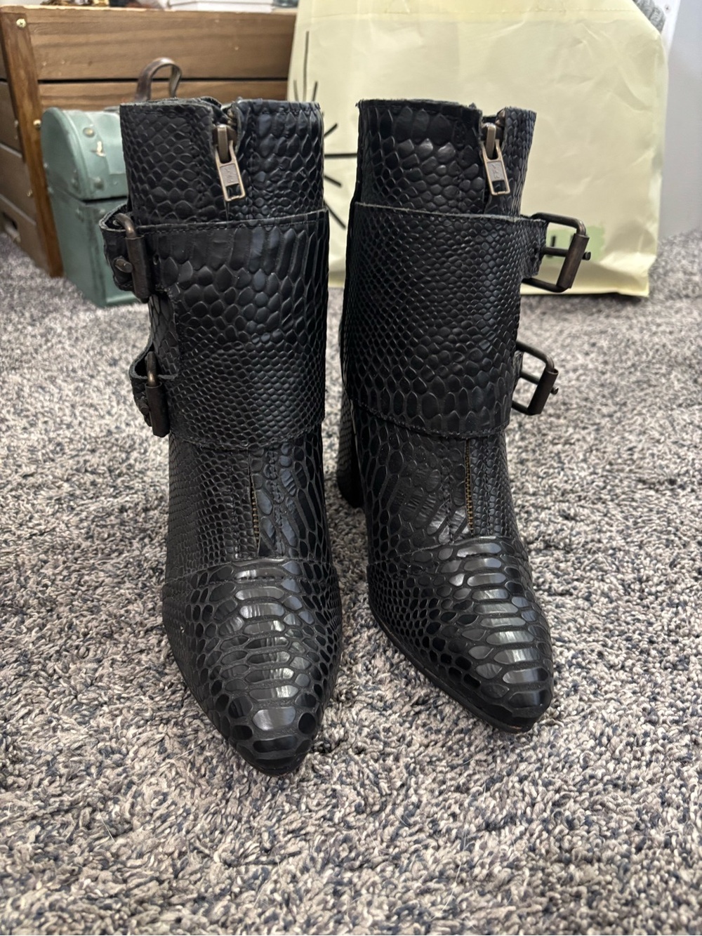 Freebird by Steven Black Snake-Texture Buckle Ankle Boots